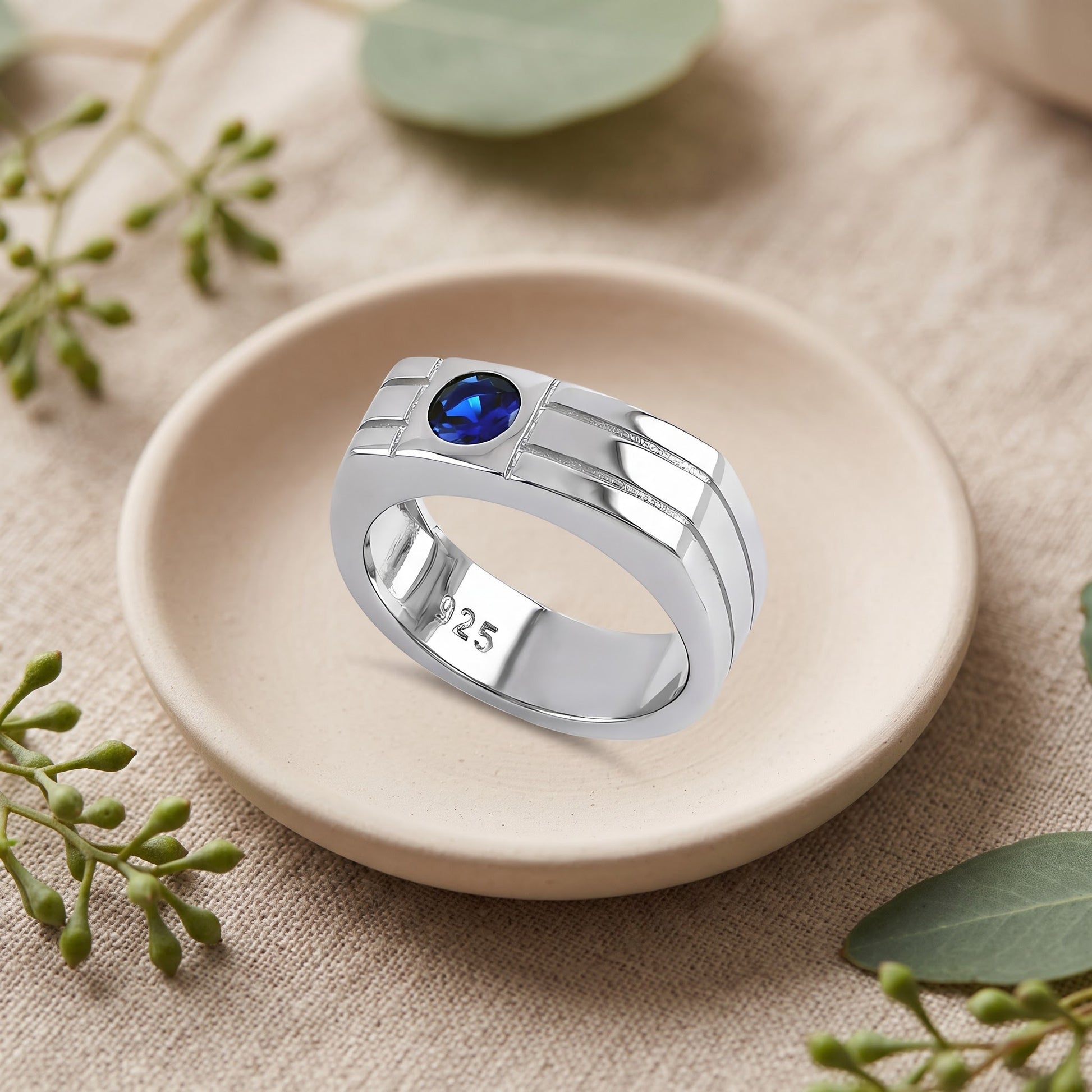 Sterling Silver Men's Offset Round Cut Blue CZ Ring for Women, Round Cubic Zirconia, Promise Ring Gift view 2
