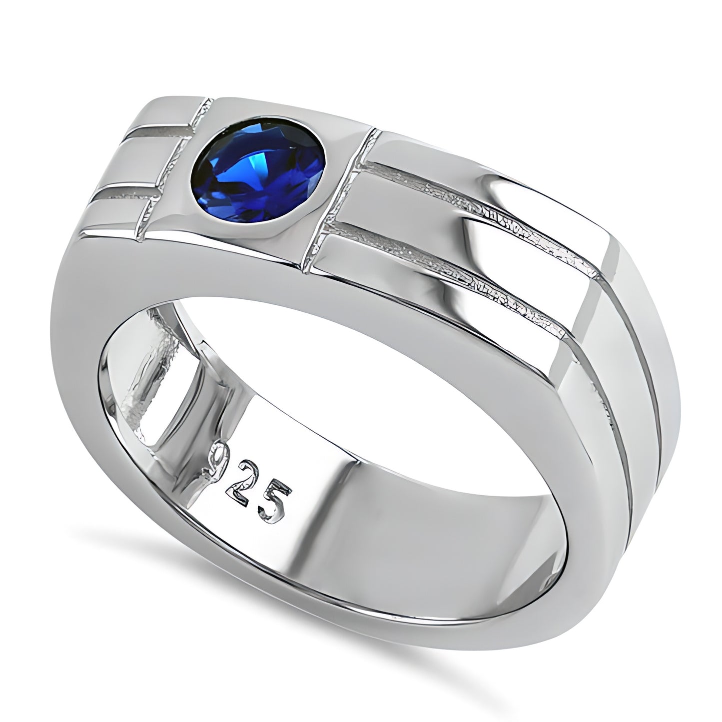 Sterling Silver Men's Offset Round Cut Blue CZ Ring for Women, Round Cubic Zirconia, Promise Ring Gift