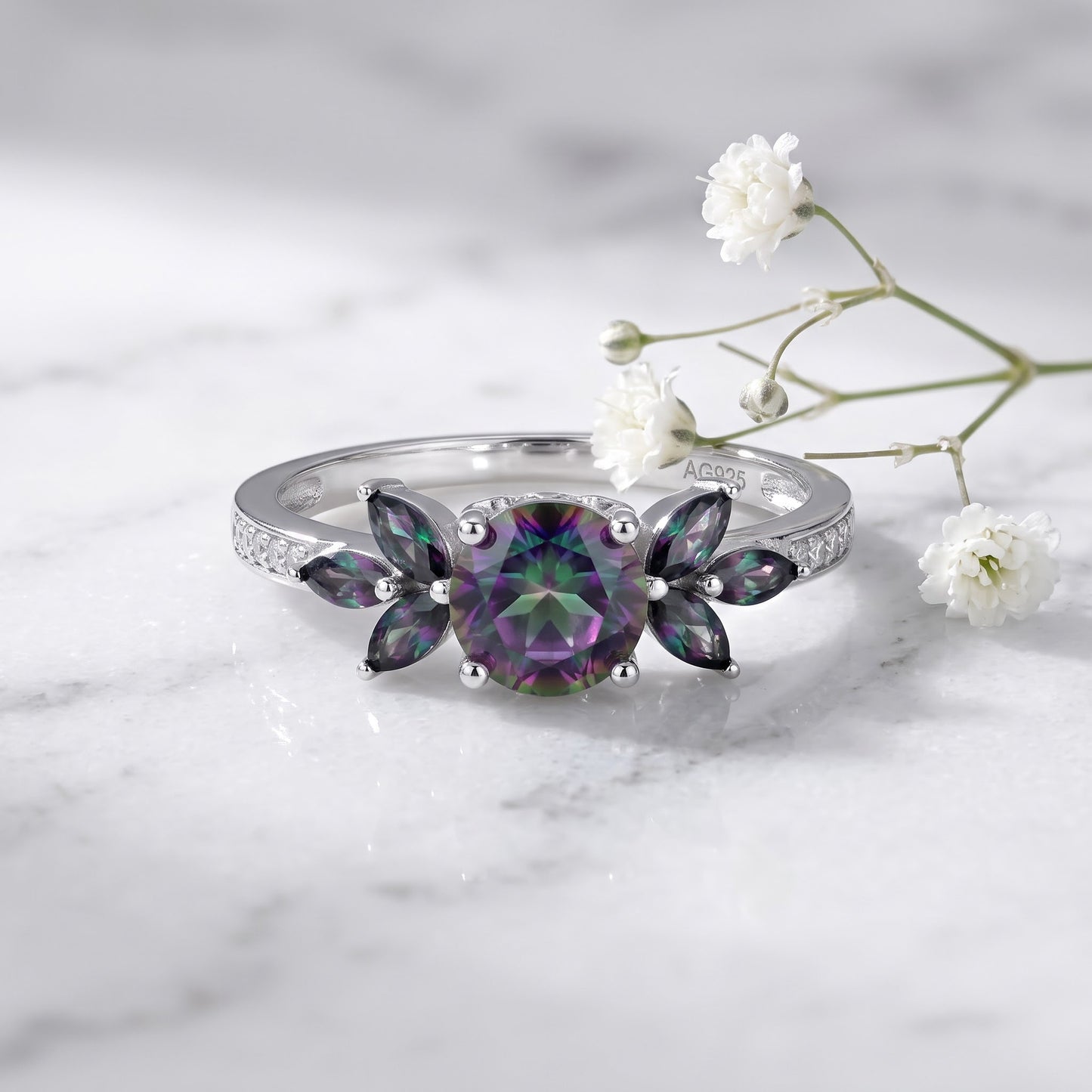 Sterling Silver Flower Leaves Rainbow CZ Ring for Women, Cubic Zirconia, Promise Ring Gift view 1