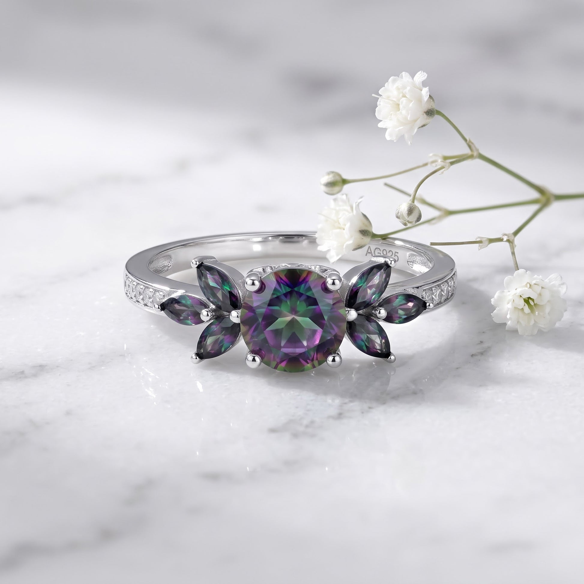 Sterling Silver Flower Leaves Rainbow CZ Ring for Women, Cubic Zirconia, Promise Ring Gift view 1
