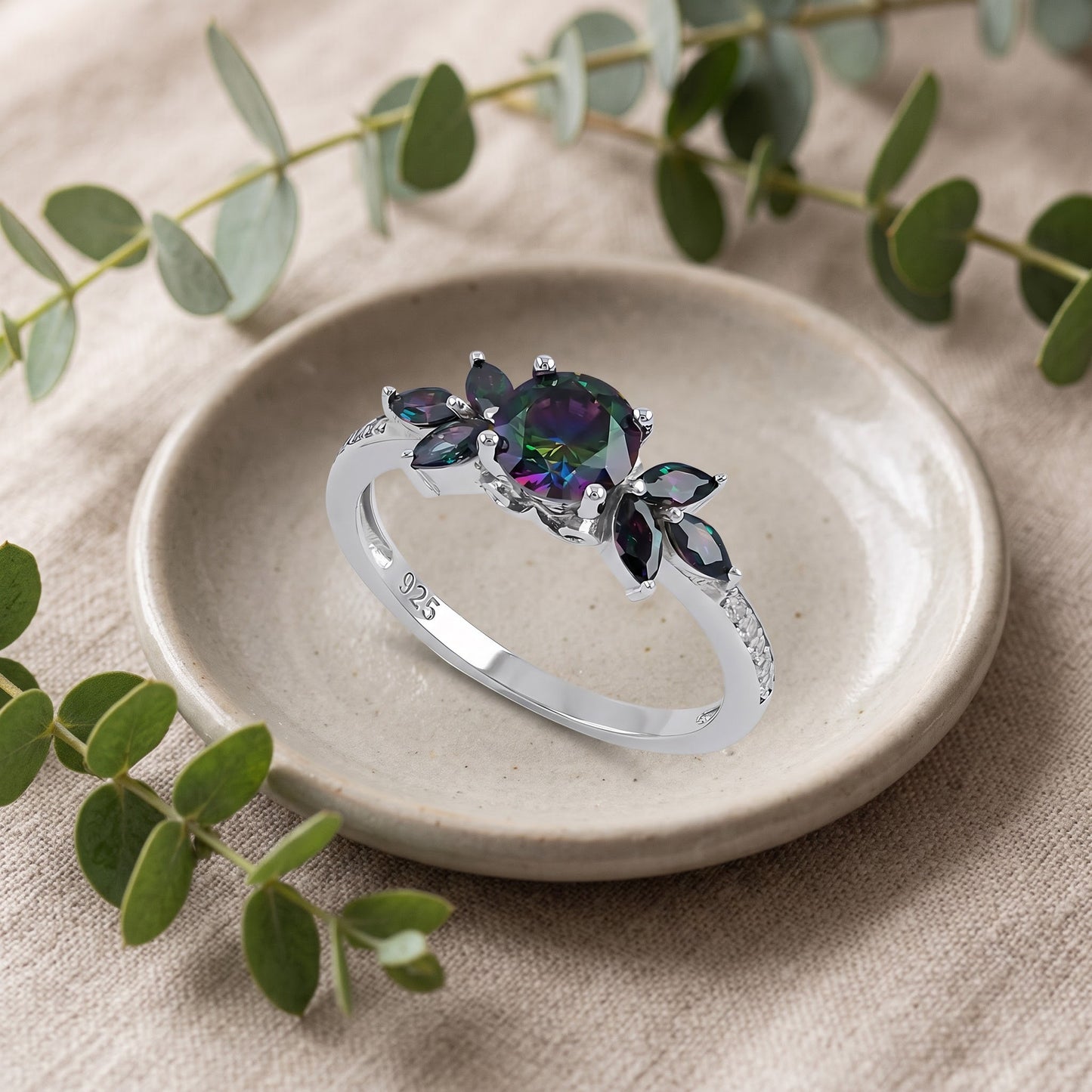 Sterling Silver Flower Leaves Rainbow CZ Ring for Women, Cubic Zirconia, Promise Ring Gift view 2