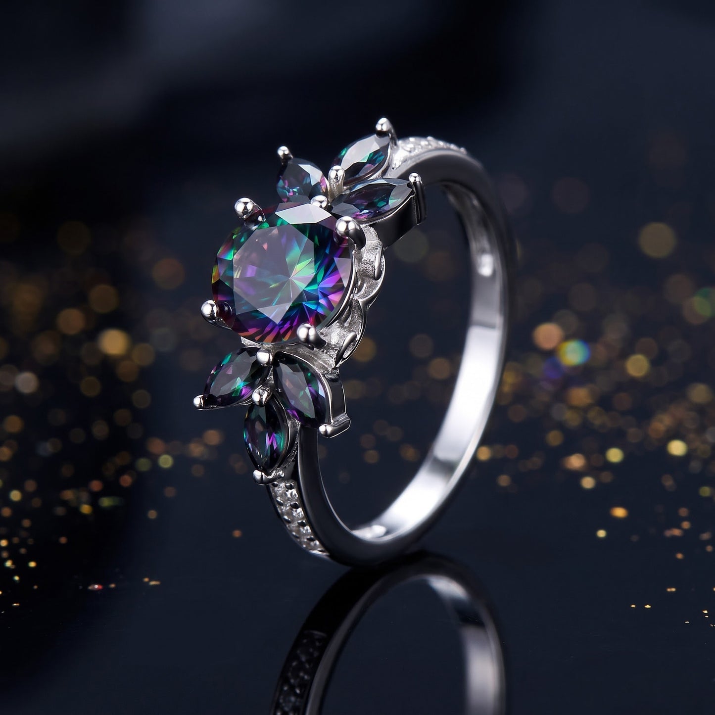Sterling Silver Flower Leaves Rainbow CZ Ring for Women, Cubic Zirconia, Promise Ring Gift view 4