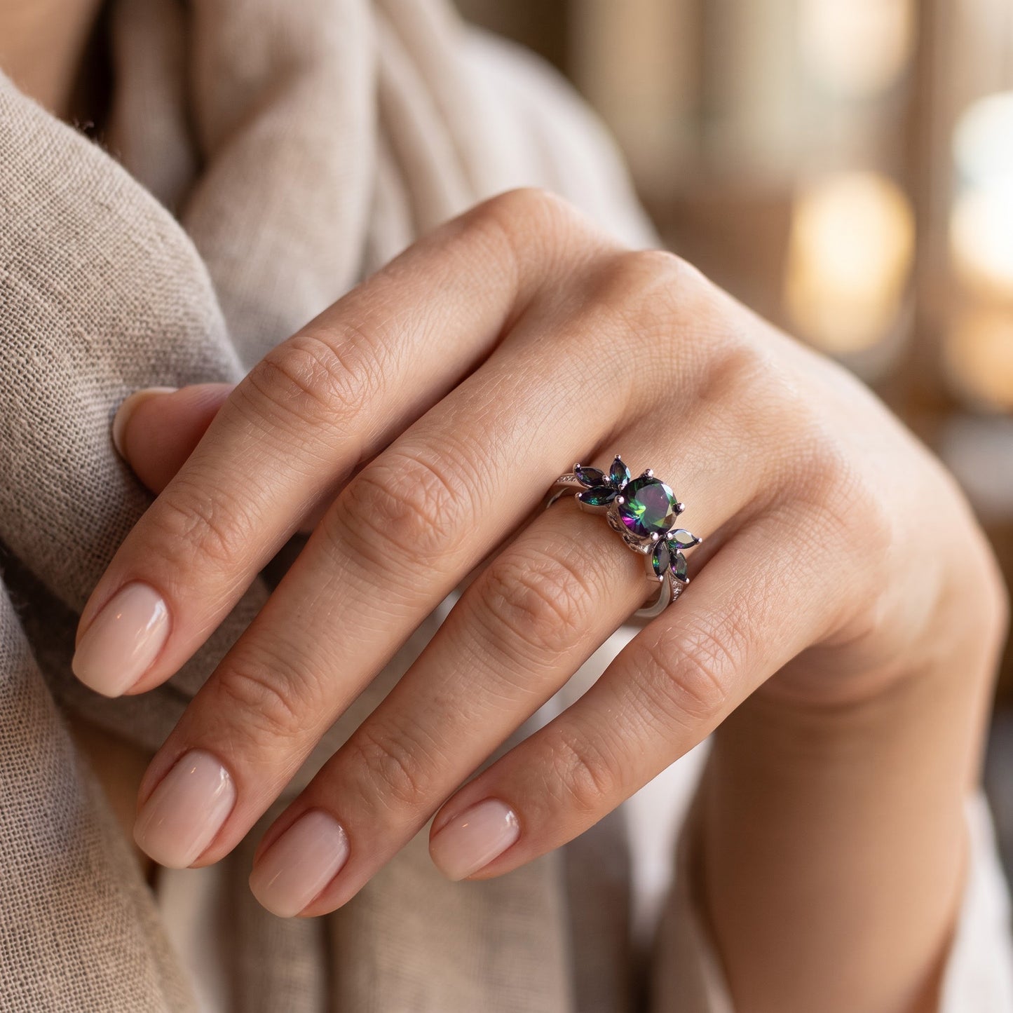 Sterling Silver Flower Leaves Rainbow CZ Ring for Women, Cubic Zirconia, Promise Ring Gift view 5