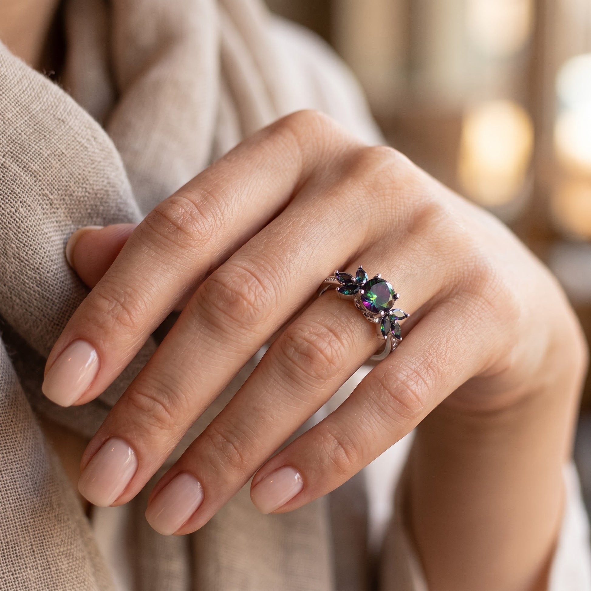 Sterling Silver Flower Leaves Rainbow CZ Ring for Women, Cubic Zirconia, Promise Ring Gift view 5