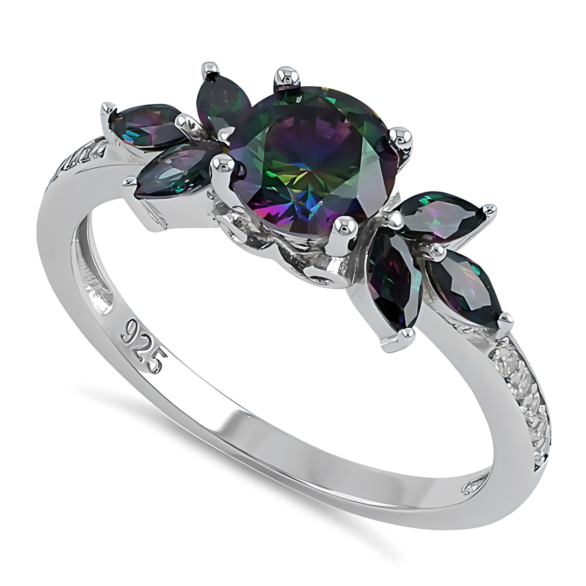 Sterling Silver Flower Leaves Rainbow CZ Ring for Women, Cubic Zirconia, Promise Ring Gift
