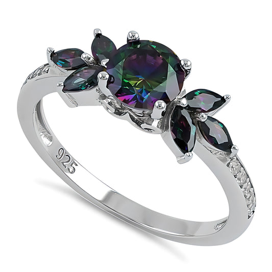 Sterling Silver Flower Leaves Rainbow CZ Ring for Women, Cubic Zirconia, Promise Ring Gift