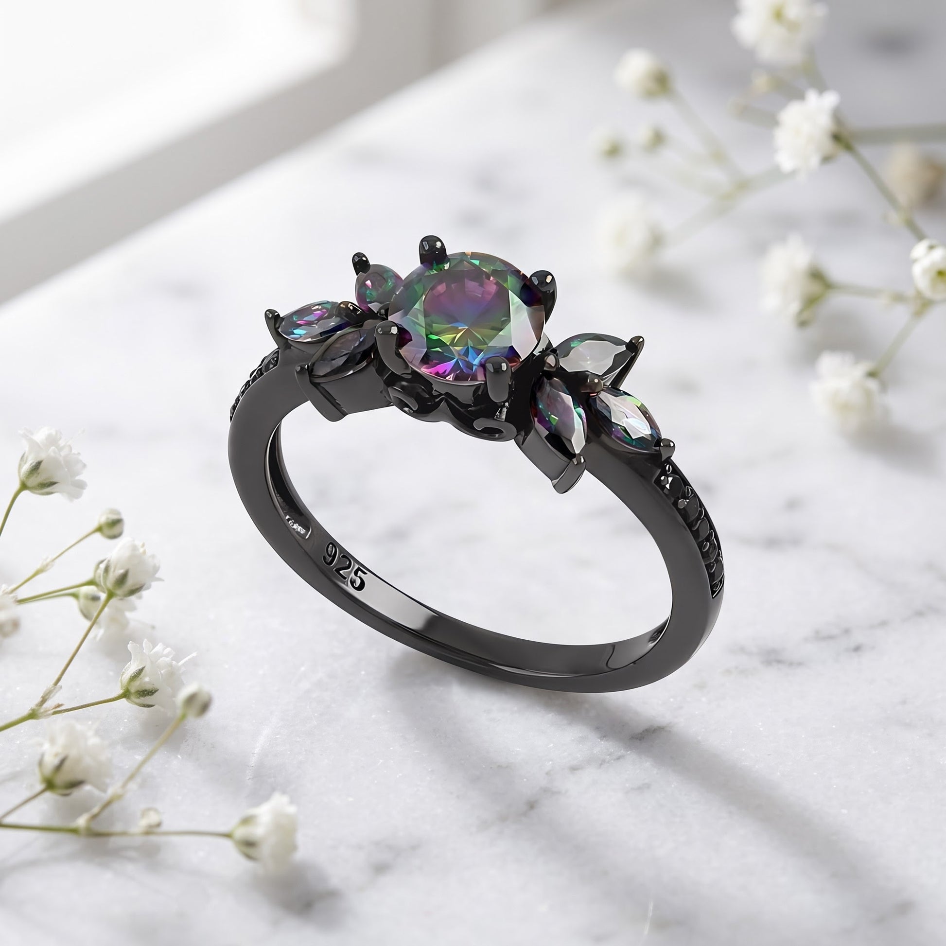 Sterling Silver Black Rhodium Flower Leaves Rainbow CZ Ring for Women, Cubic Zirconia, Promise Ring Gift view 1