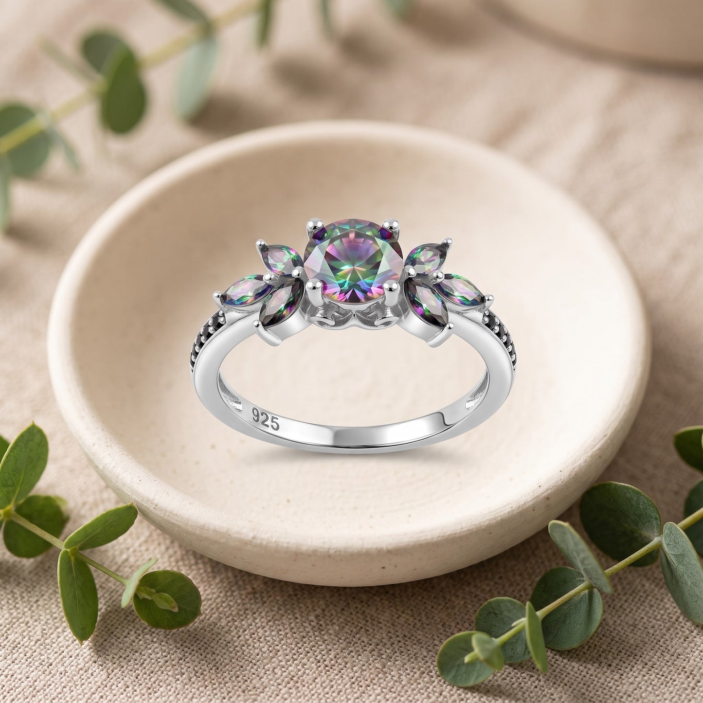 Sterling Silver Black Rhodium Flower Leaves Rainbow CZ Ring for Women, Cubic Zirconia, Promise Ring Gift view 2