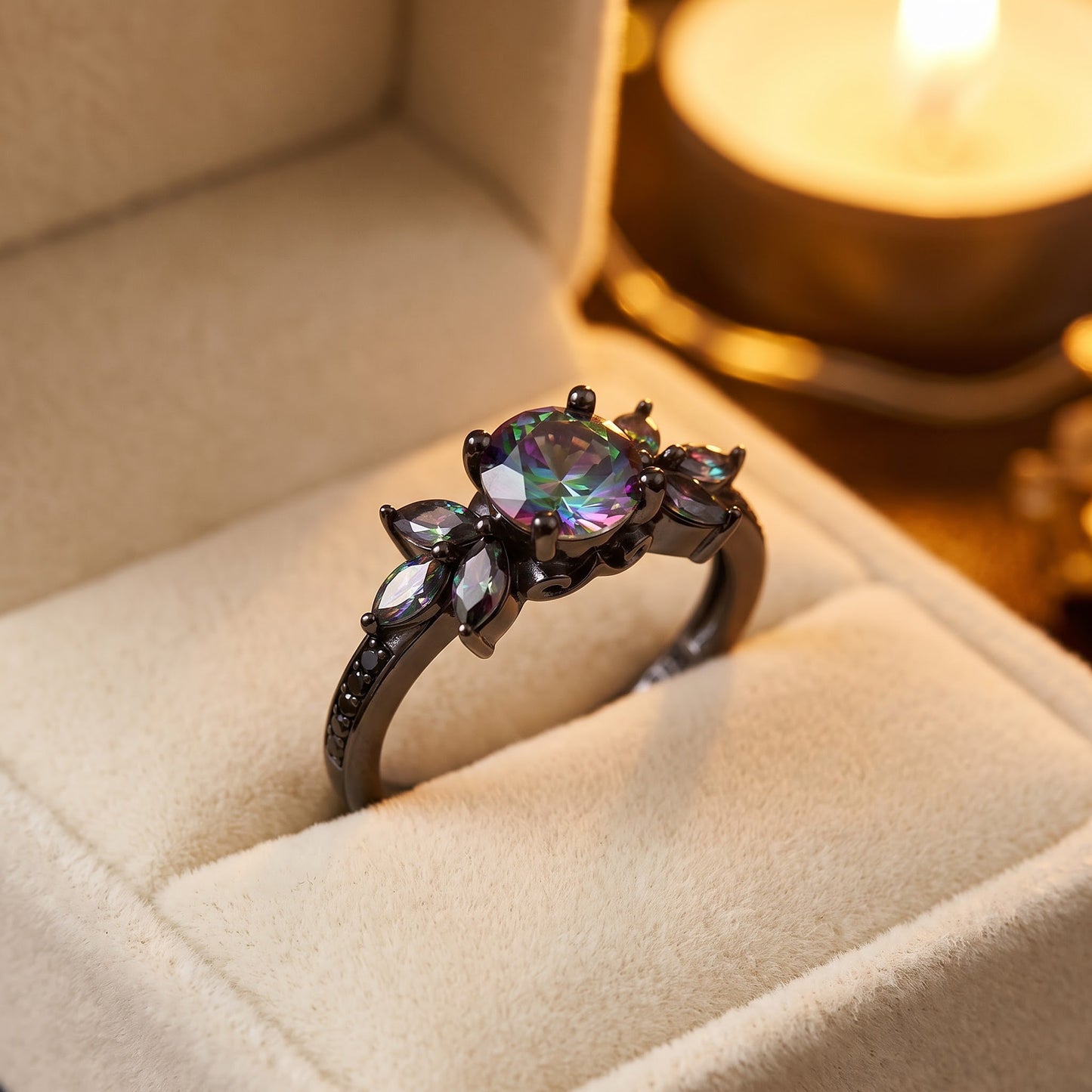 Sterling Silver Black Rhodium Flower Leaves Rainbow CZ Ring for Women, Cubic Zirconia, Promise Ring Gift view 3
