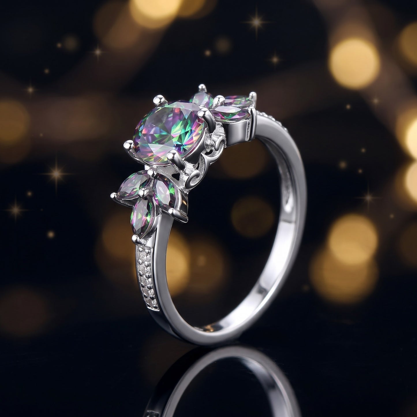 Sterling Silver Black Rhodium Flower Leaves Rainbow CZ Ring for Women, Cubic Zirconia, Promise Ring Gift view 4