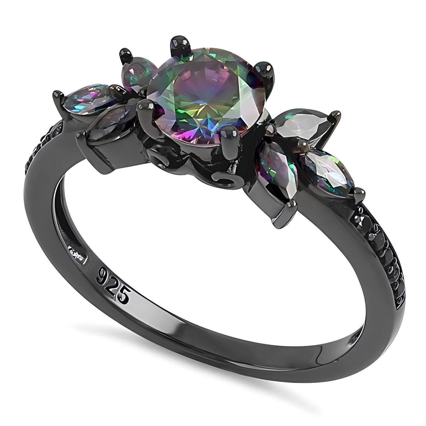 Sterling Silver Black Rhodium Flower Leaves Rainbow CZ Ring for Women, Cubic Zirconia, Promise Ring Gift