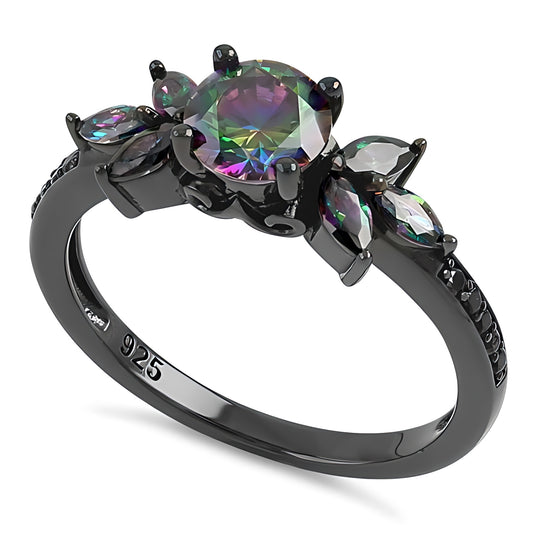 Sterling Silver Black Rhodium Flower Leaves Rainbow CZ Ring for Women, Cubic Zirconia, Promise Ring Gift