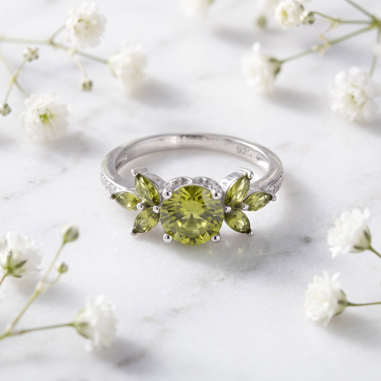Sterling Silver Flower Leaves Peridot CZ Ring for Women, Cubic Zirconia, Promise Ring Gift view 1