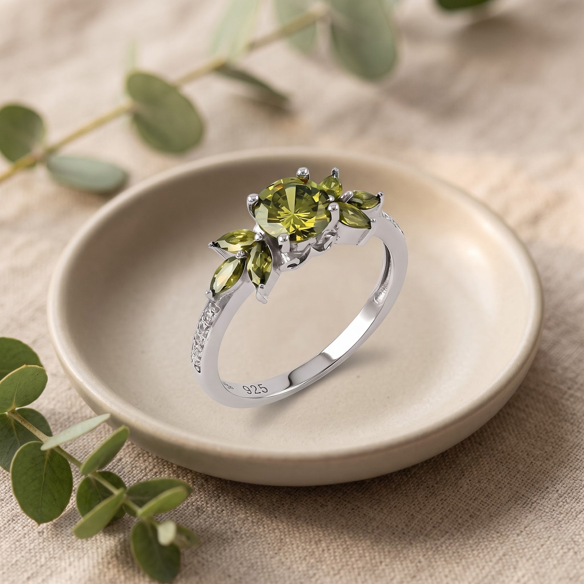 Sterling Silver Flower Leaves Peridot CZ Ring for Women, Cubic Zirconia, Promise Ring Gift view 2