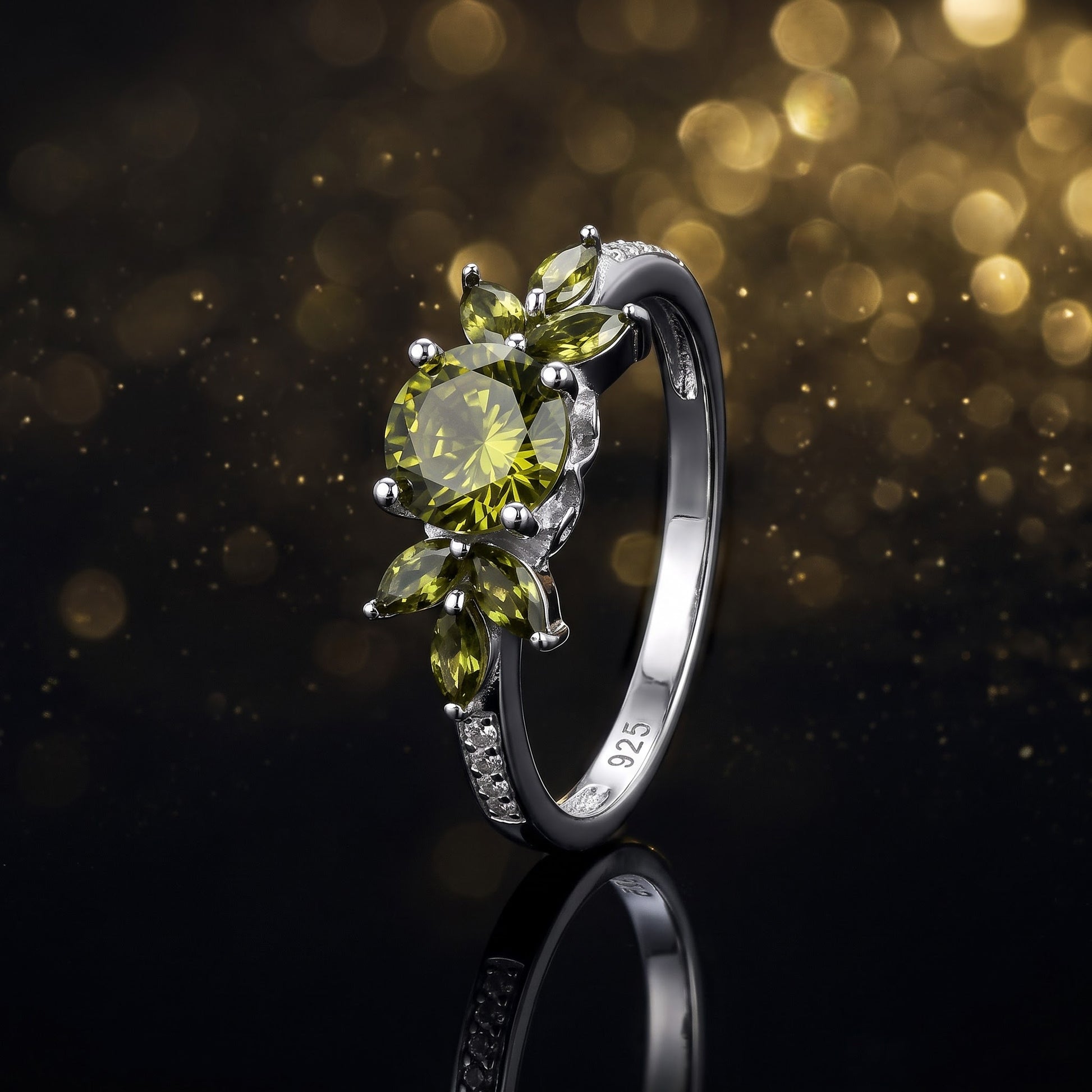 Sterling Silver Flower Leaves Peridot CZ Ring for Women, Cubic Zirconia, Promise Ring Gift view 4