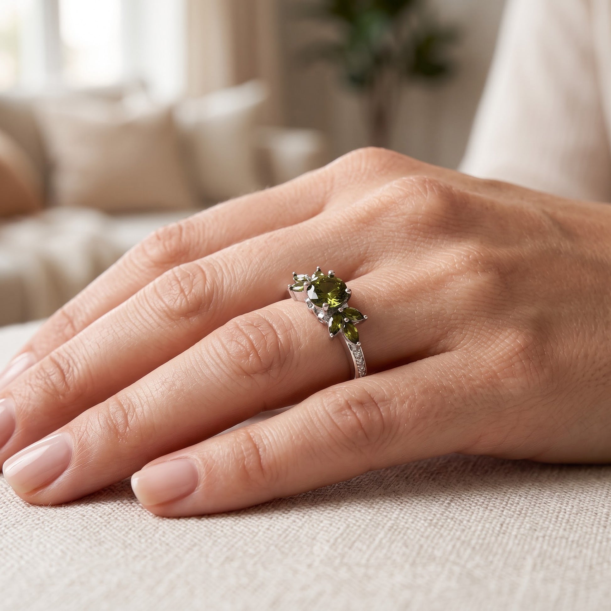 Sterling Silver Flower Leaves Peridot CZ Ring for Women, Cubic Zirconia, Promise Ring Gift view 5