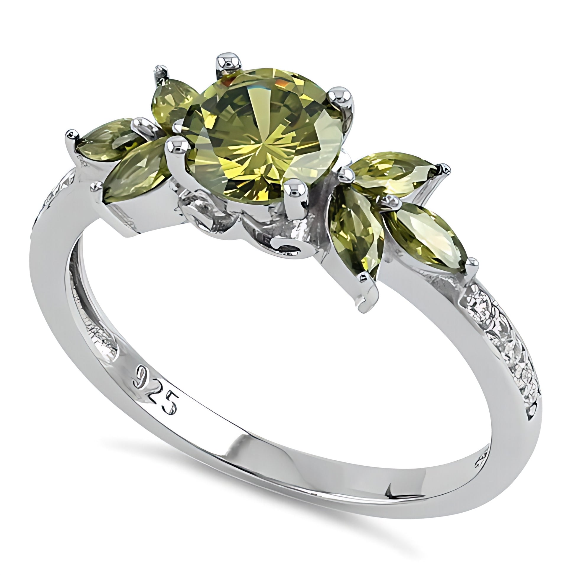 Sterling Silver Flower Leaves Peridot CZ Ring for Women, Cubic Zirconia, Promise Ring Gift