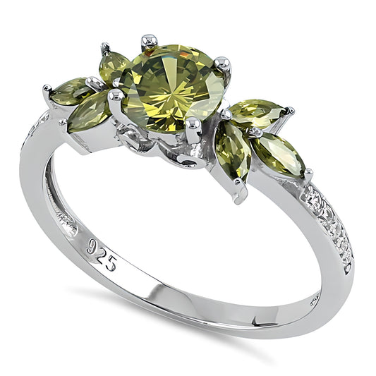 Sterling Silver Flower Leaves Peridot CZ Ring for Women, Cubic Zirconia, Promise Ring Gift