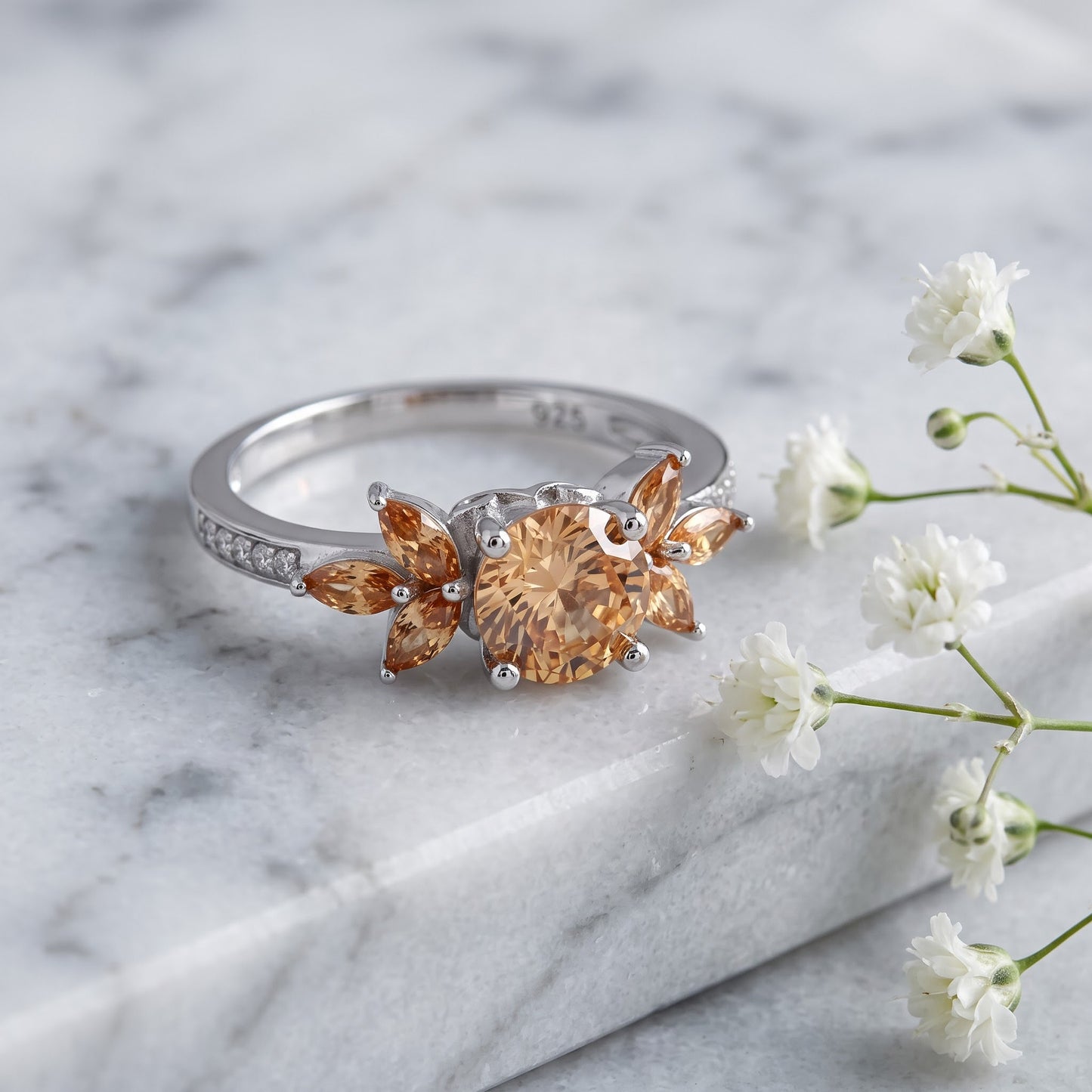 Sterling Silver Flower Leaves Champagne CZ Ring for Women, Cubic Zirconia, Promise Ring Gift view 1