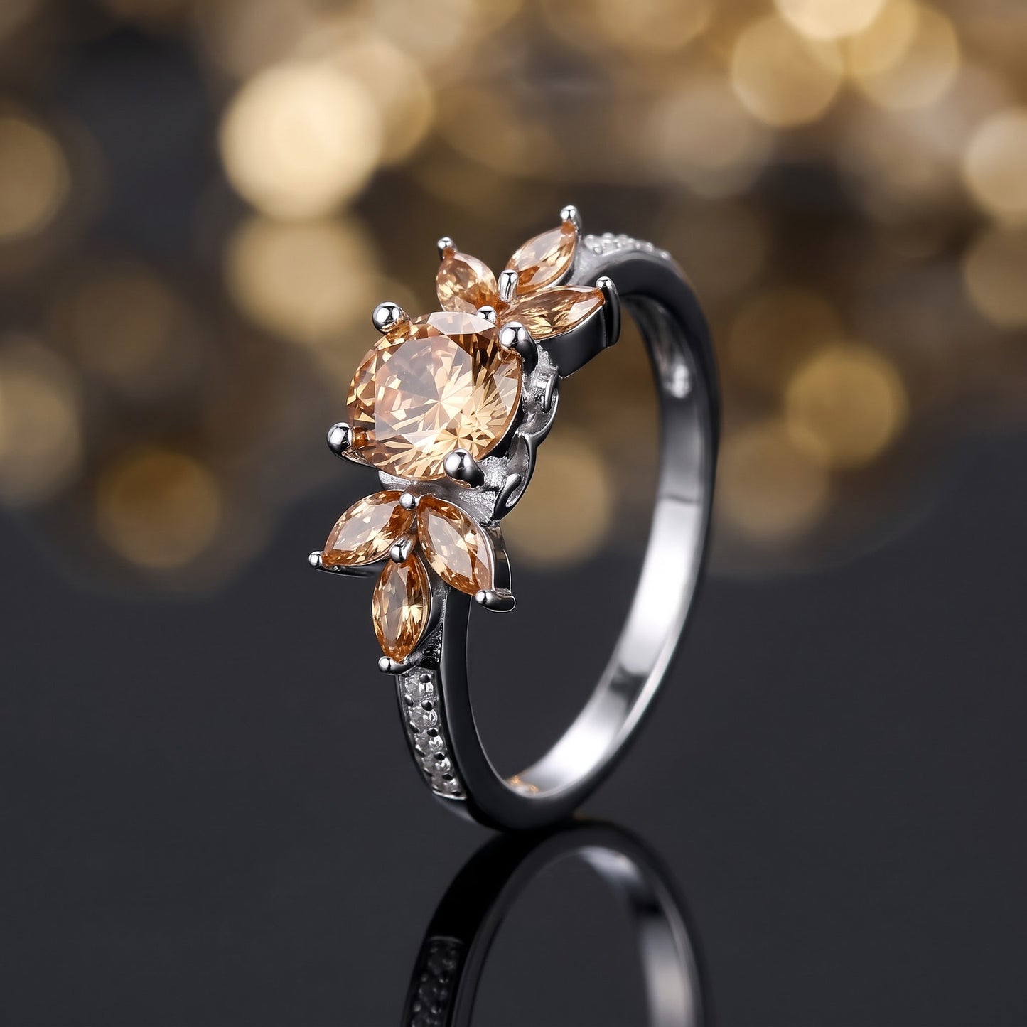 Sterling Silver Flower Leaves Champagne CZ Ring for Women, Cubic Zirconia, Promise Ring Gift view 4