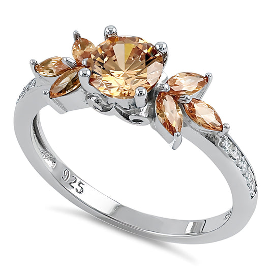 Sterling Silver Flower Leaves Champagne CZ Ring for Women, Cubic Zirconia, Promise Ring Gift