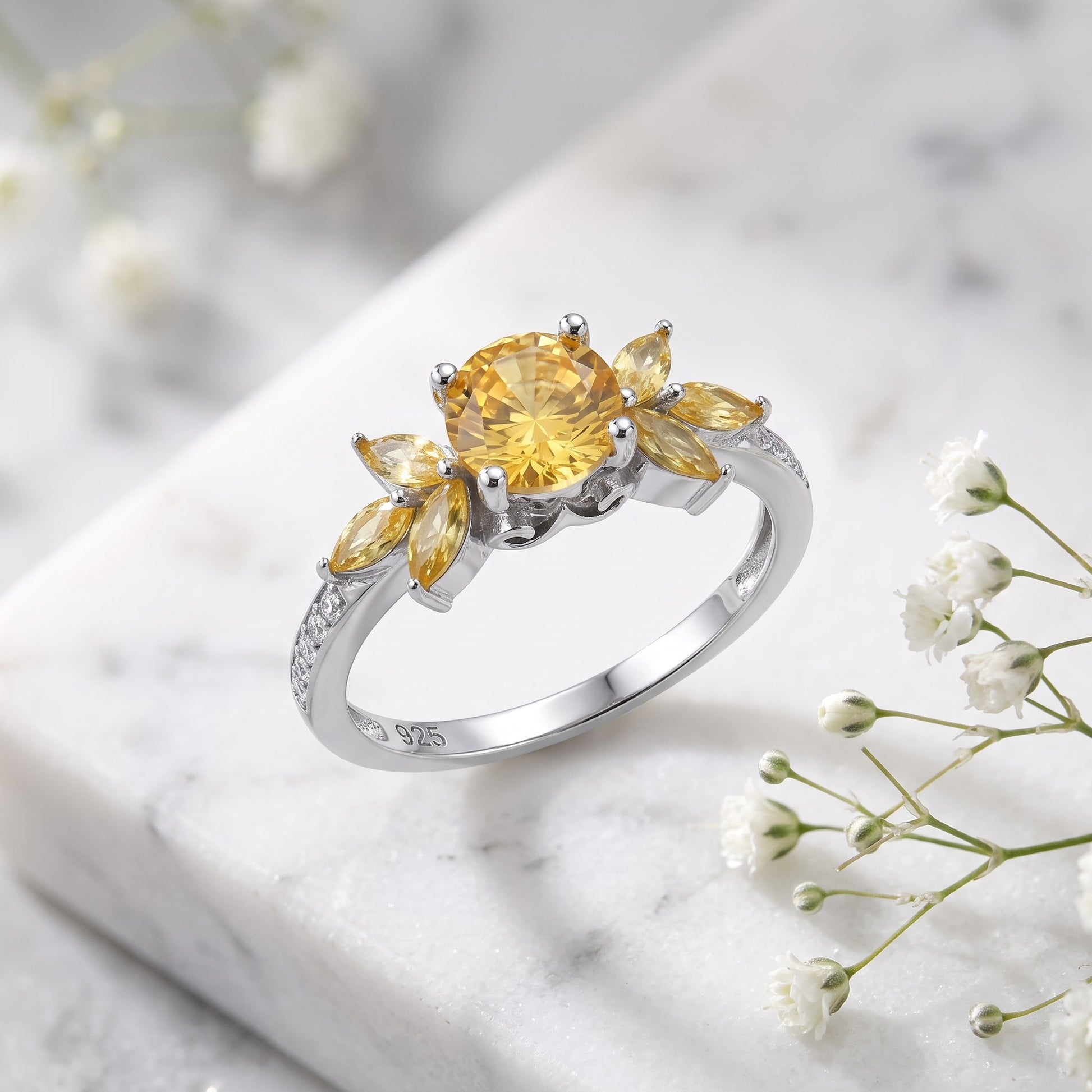 Sterling Silver Flower Leaves Golden Yellow CZ Ring for Women, Cubic Zirconia, Promise Ring Gift view 1