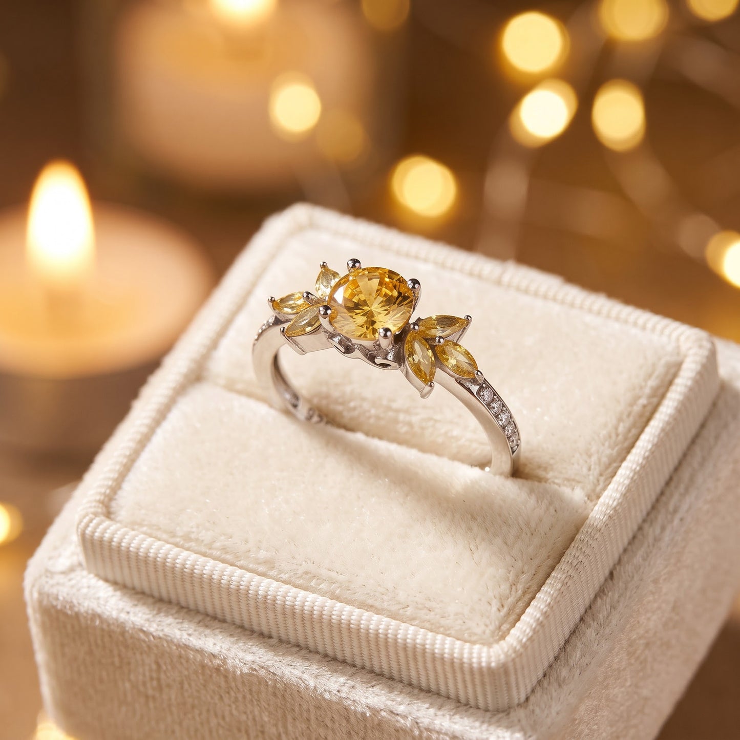 Sterling Silver Flower Leaves Golden Yellow CZ Ring for Women, Cubic Zirconia, Promise Ring Gift view 3