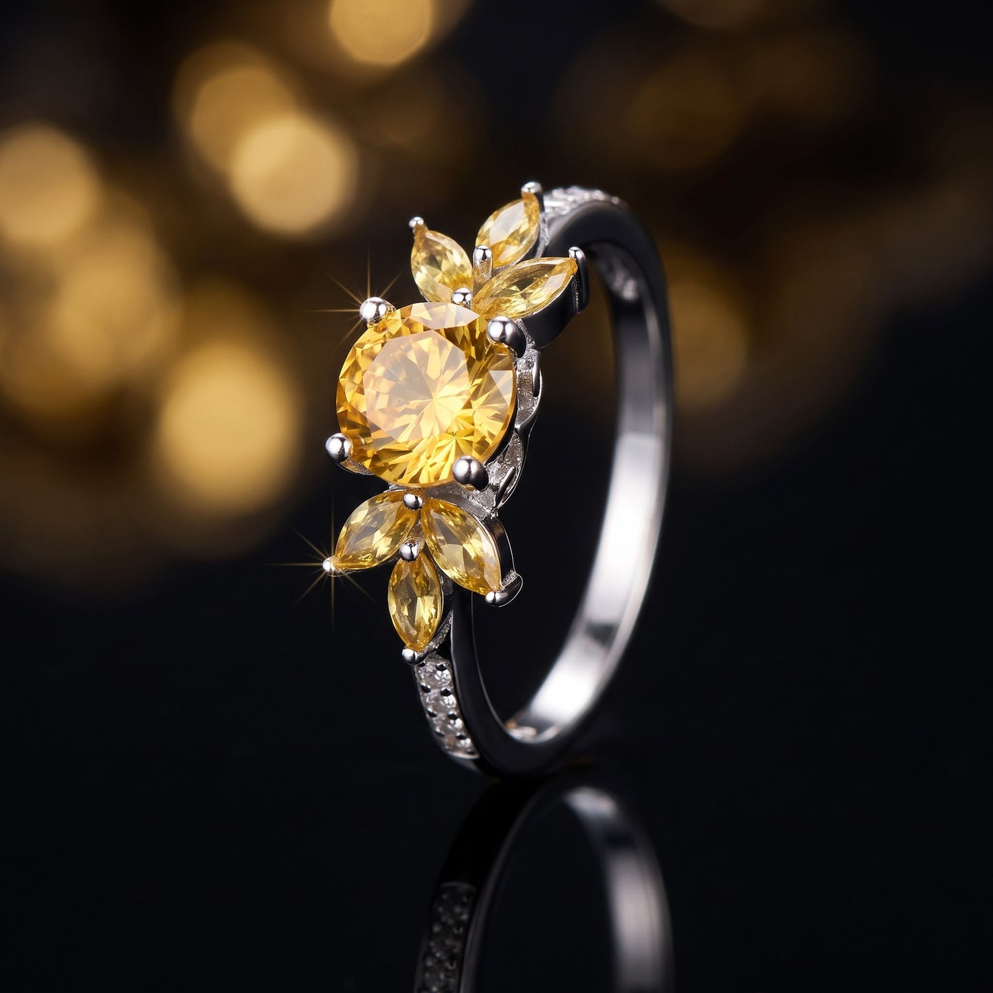Sterling Silver Flower Leaves Golden Yellow CZ Ring for Women, Cubic Zirconia, Promise Ring Gift view 4