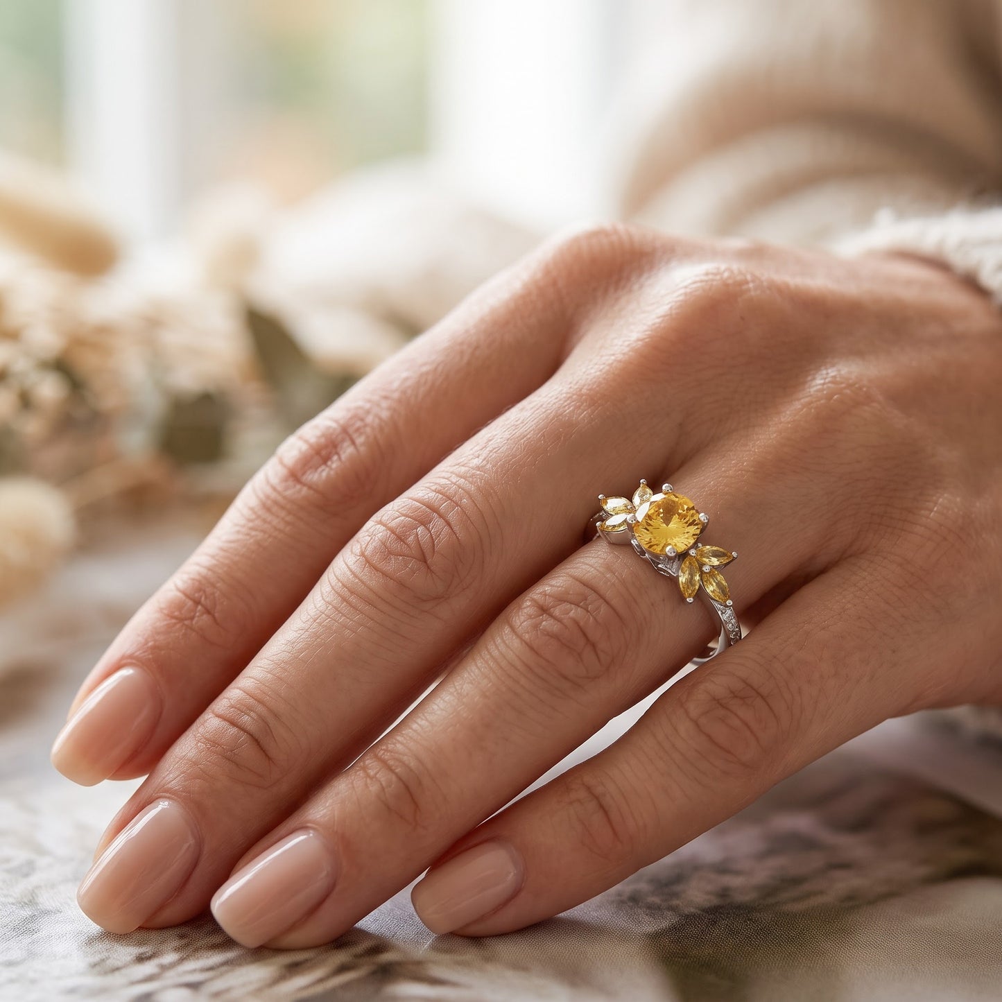 Sterling Silver Flower Leaves Golden Yellow CZ Ring for Women, Cubic Zirconia, Promise Ring Gift view 5