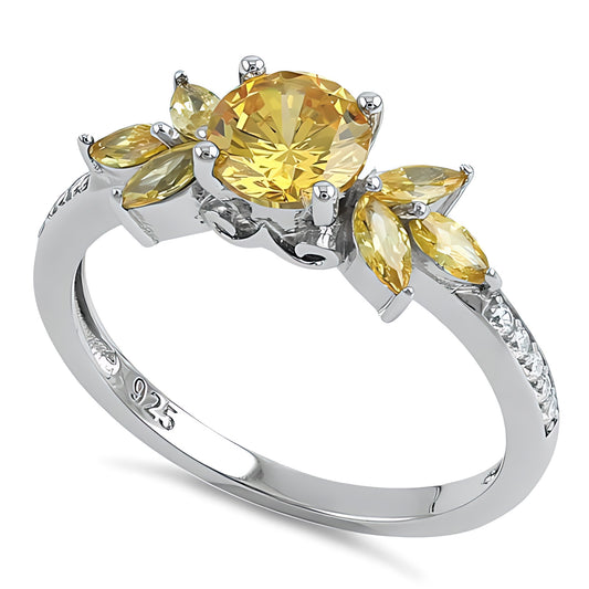 Sterling Silver Flower Leaves Golden Yellow CZ Ring for Women, Cubic Zirconia, Promise Ring Gift