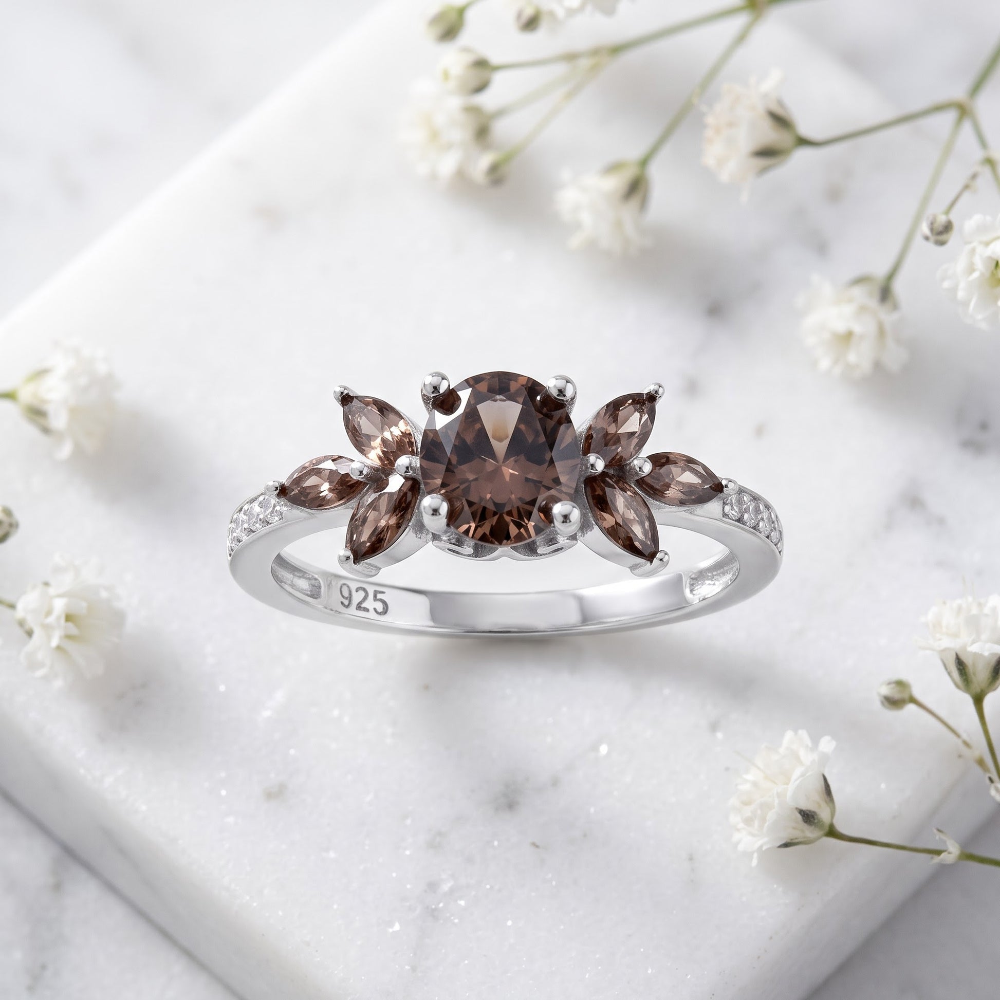 Sterling Silver Rose Gold Flower Leaves Brown CZ Ring for Women, Cubic Zirconia, Promise Ring Gift view 1