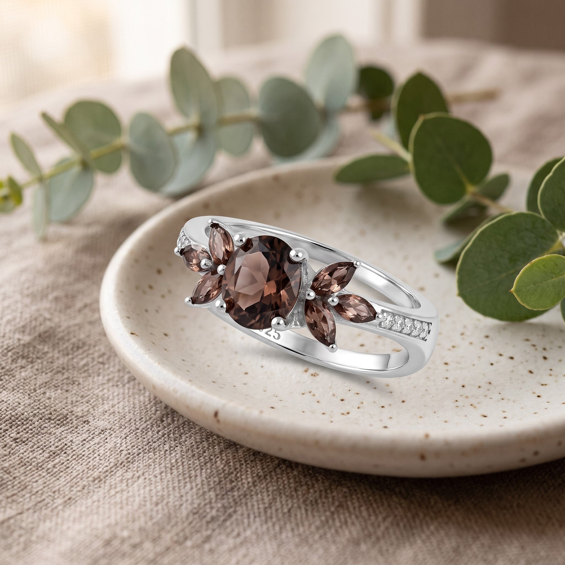 Sterling Silver Rose Gold Flower Leaves Brown CZ Ring for Women, Cubic Zirconia, Promise Ring Gift view 2