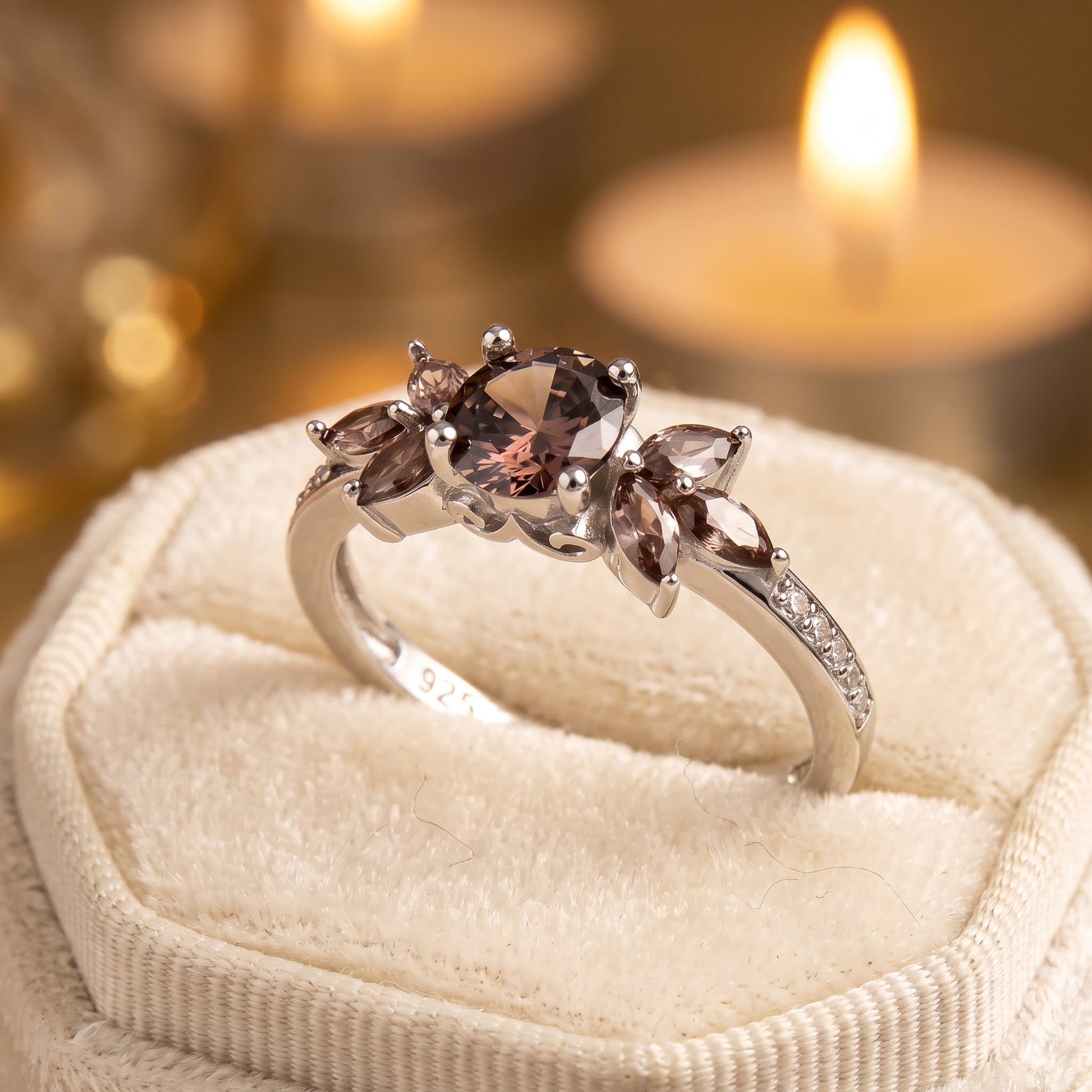 Sterling Silver Rose Gold Flower Leaves Brown CZ Ring for Women, Cubic Zirconia, Promise Ring Gift view 3
