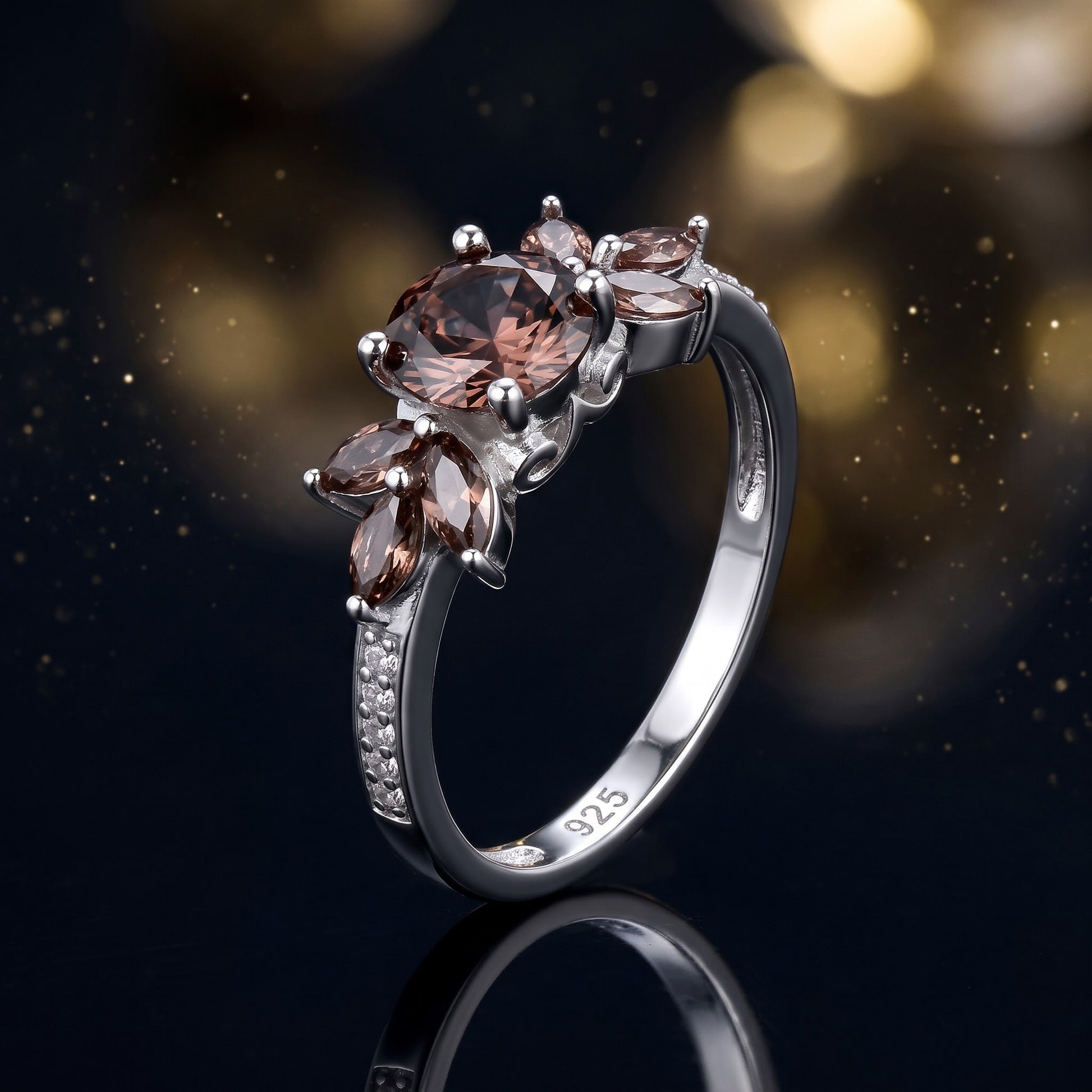 Sterling Silver Rose Gold Flower Leaves Brown CZ Ring for Women, Cubic Zirconia, Promise Ring Gift view 4