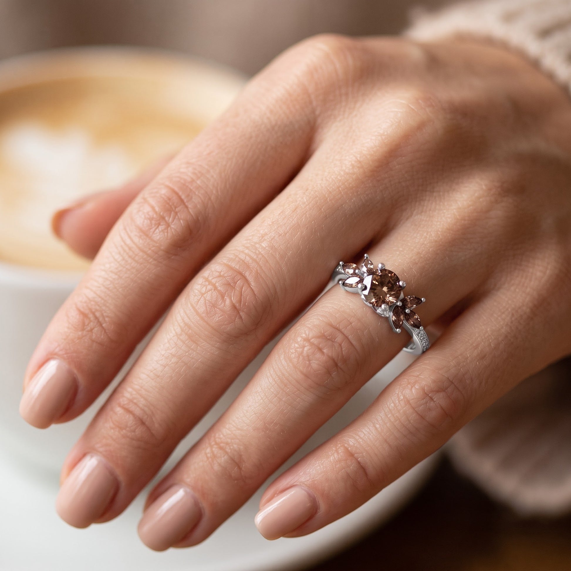 Sterling Silver Rose Gold Flower Leaves Brown CZ Ring for Women, Cubic Zirconia, Promise Ring Gift view 5