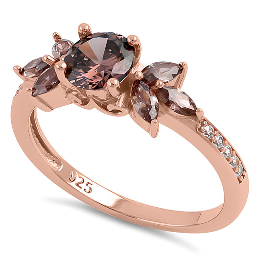 Sterling Silver Rose Gold Flower Leaves Brown CZ Ring for Women, Cubic Zirconia, Promise Ring Gift