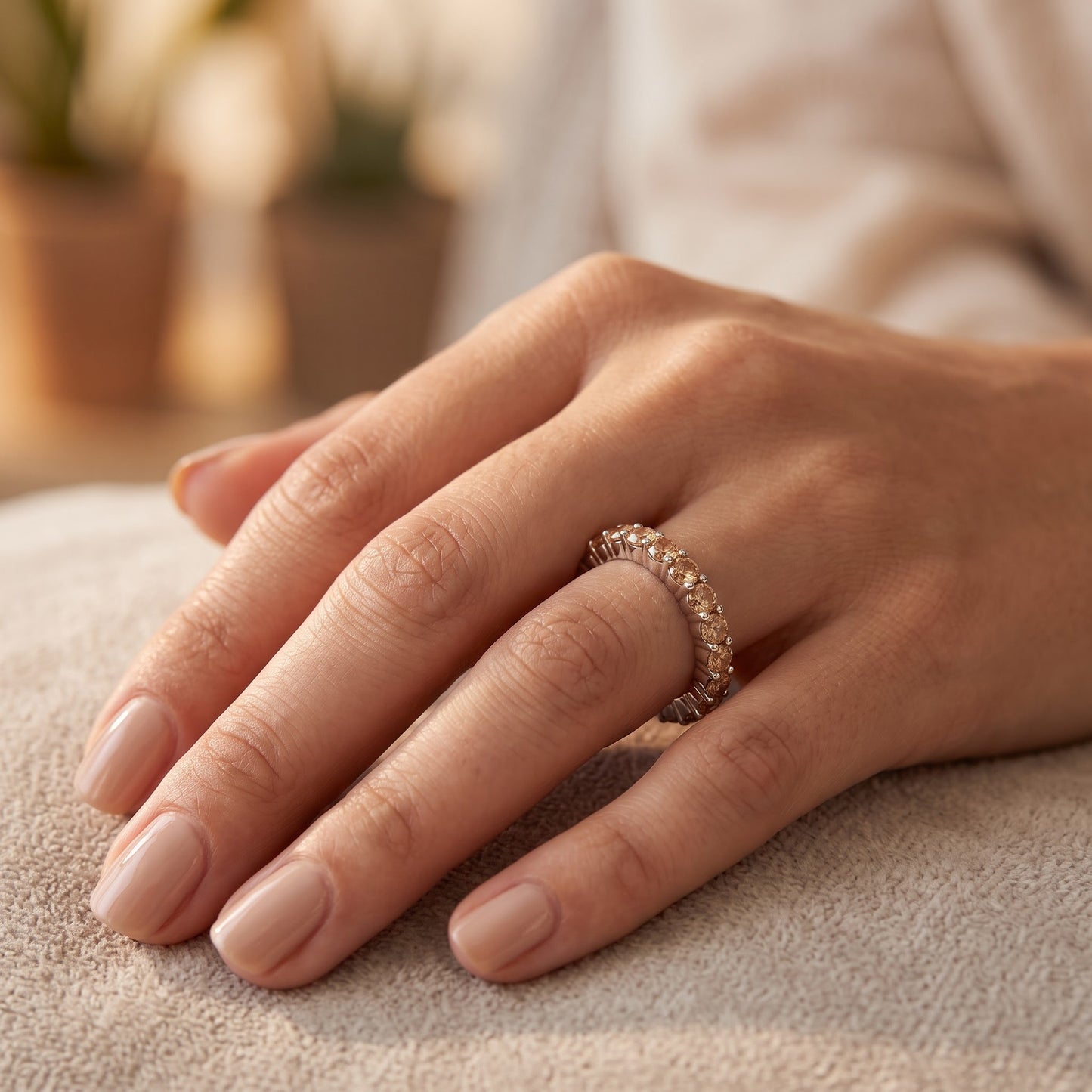 Sterling Silver Eternity Champagne CZ Ring for Women, Cubic Zirconia, Promise Ring Gift view 5