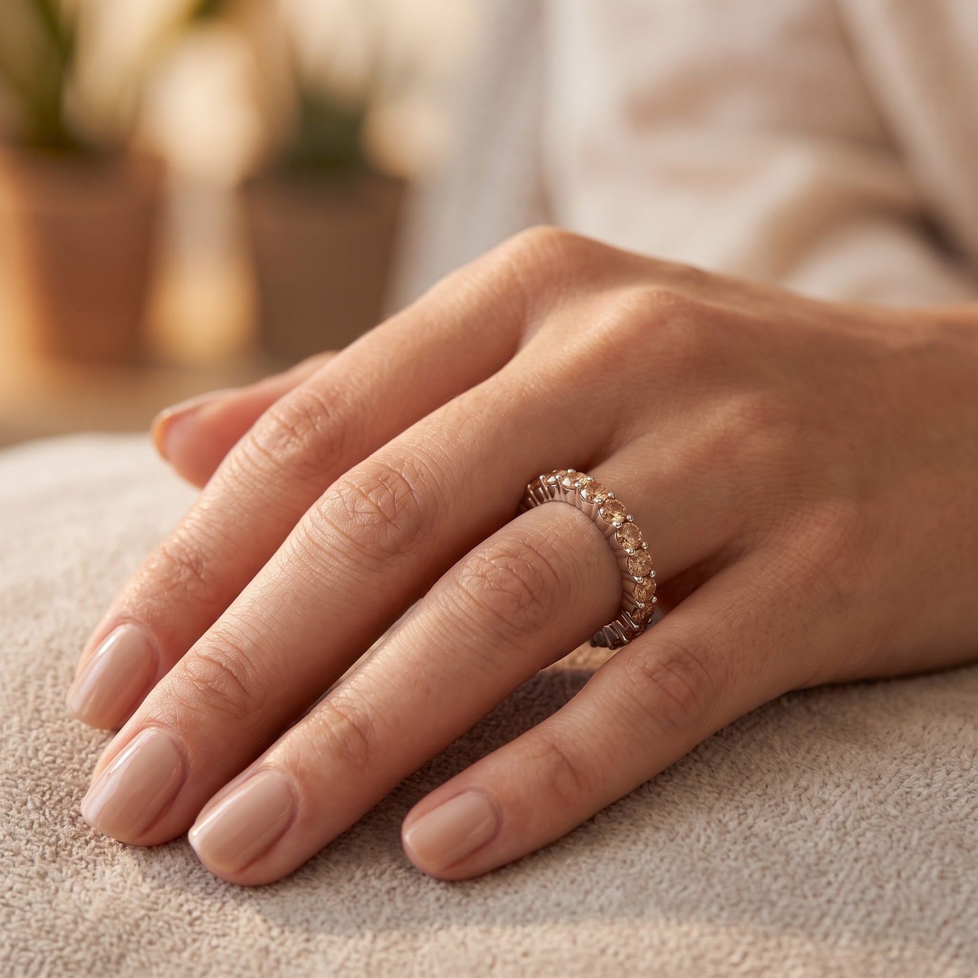 Sterling Silver Eternity Champagne CZ Ring for Women, Cubic Zirconia, Promise Ring Gift view 5