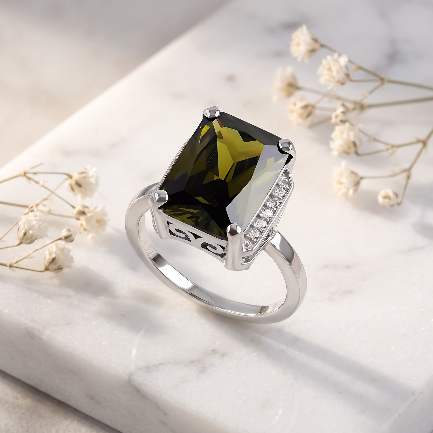 Sterling Silver Big Peridot Rectangle CZ Ring for Women, Cubic Zirconia, Promise Ring Gift view 1