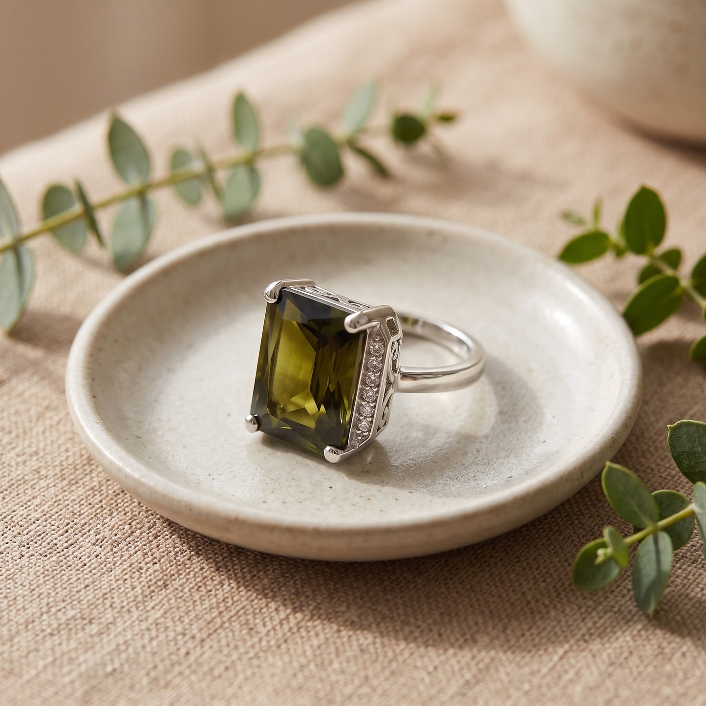 Sterling Silver Big Peridot Rectangle CZ Ring for Women, Cubic Zirconia, Promise Ring Gift view 2