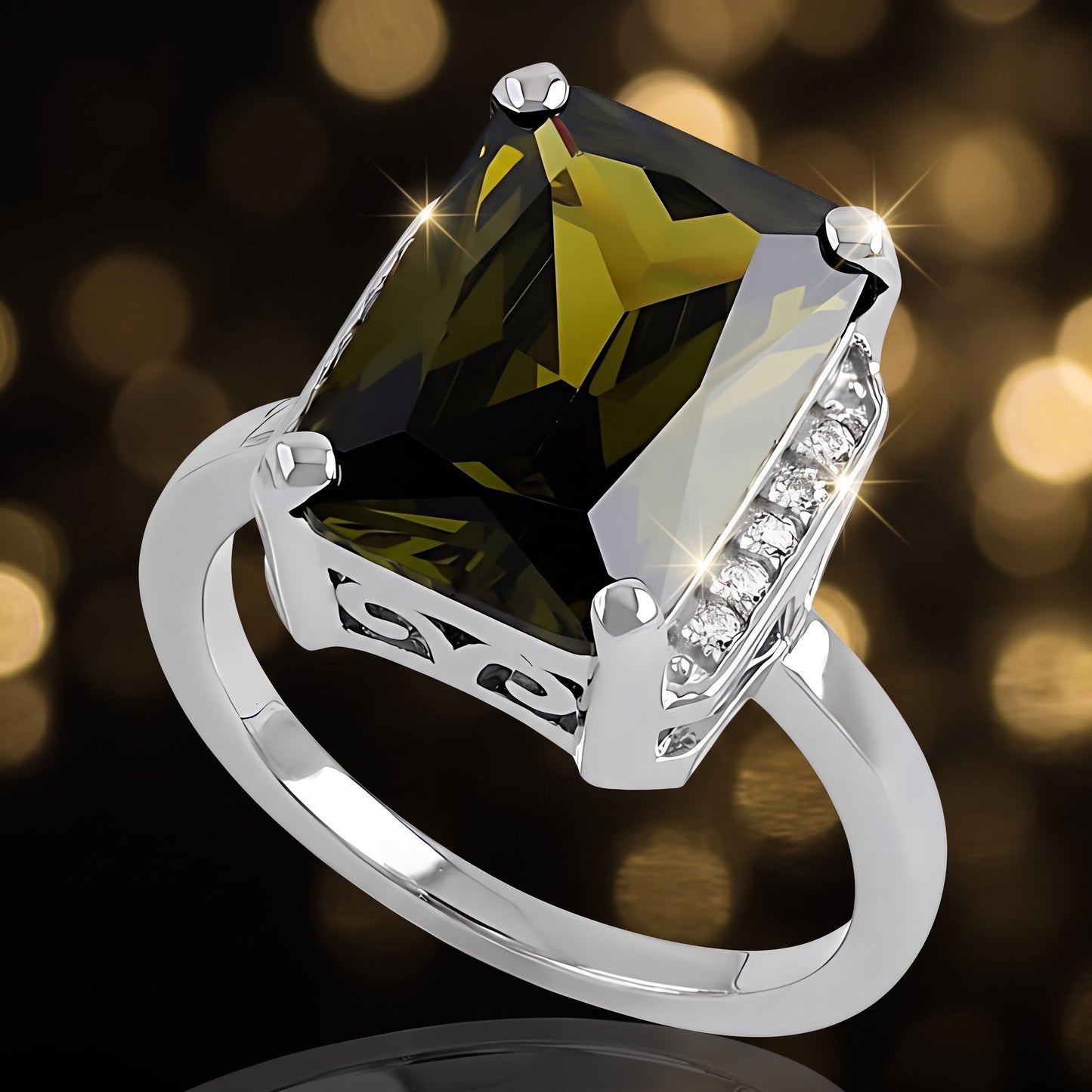 Sterling Silver Big Peridot Rectangle CZ Ring for Women, Cubic Zirconia, Promise Ring Gift view 4