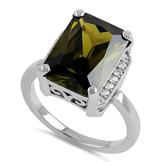 Sterling Silver Big Peridot Rectangle CZ Ring for Women, Cubic Zirconia, Promise Ring Gift