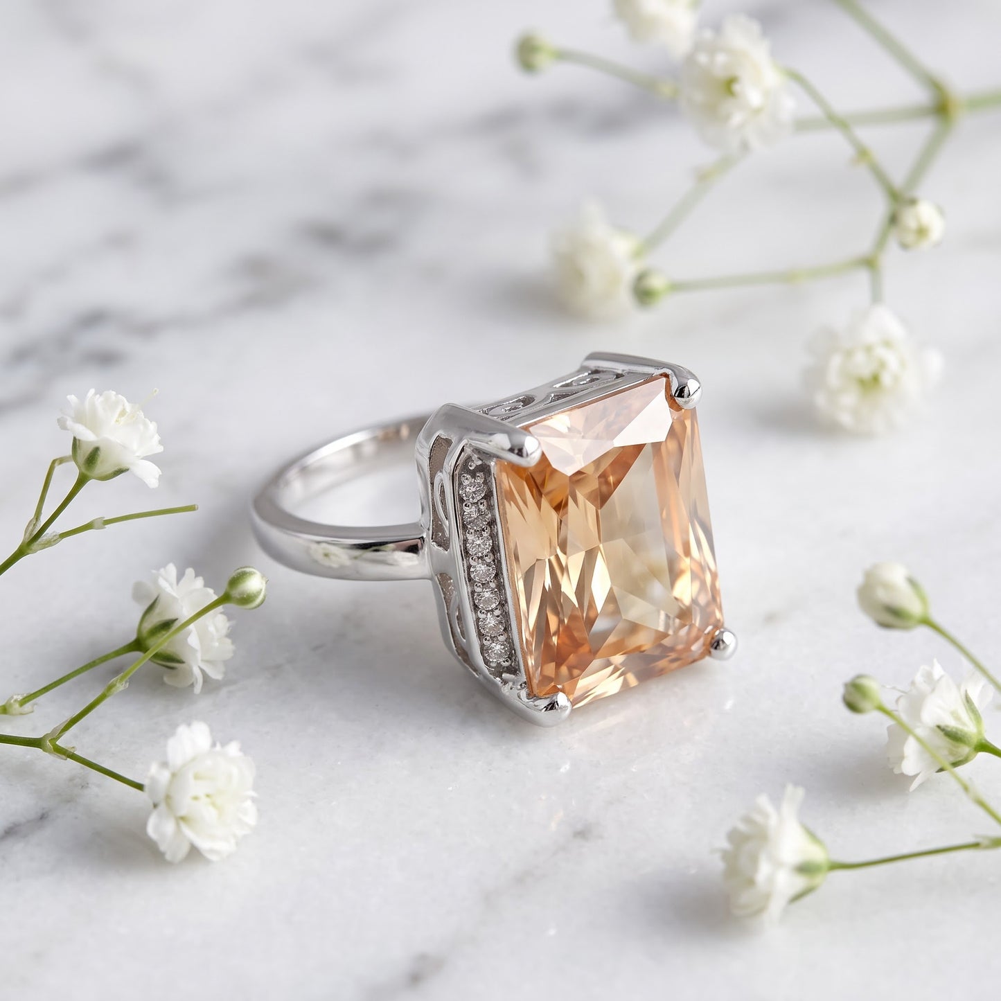 Sterling Silver Big Champagne Rectangle CZ Ring for Women, Cubic Zirconia, Promise Ring Gift view 1
