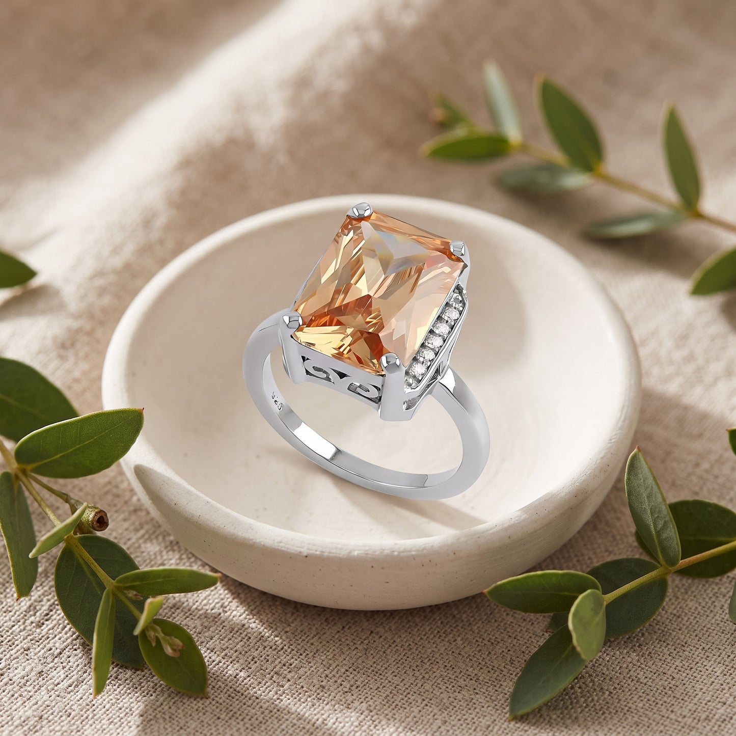 Sterling Silver Big Champagne Rectangle CZ Ring for Women, Cubic Zirconia, Promise Ring Gift view 2