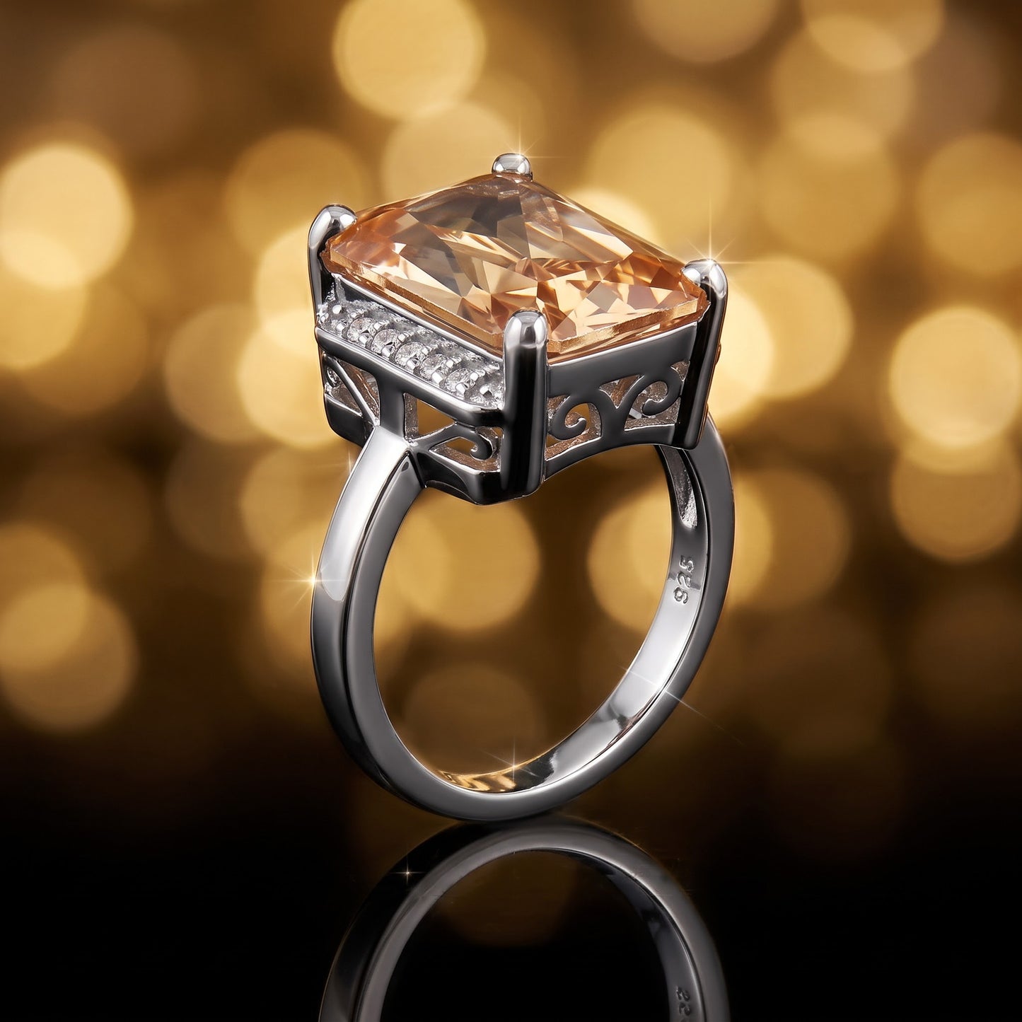 Sterling Silver Big Champagne Rectangle CZ Ring for Women, Cubic Zirconia, Promise Ring Gift view 4