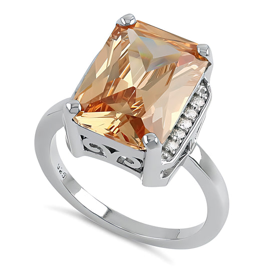 Sterling Silver Big Champagne Rectangle CZ Ring for Women, Cubic Zirconia, Promise Ring Gift