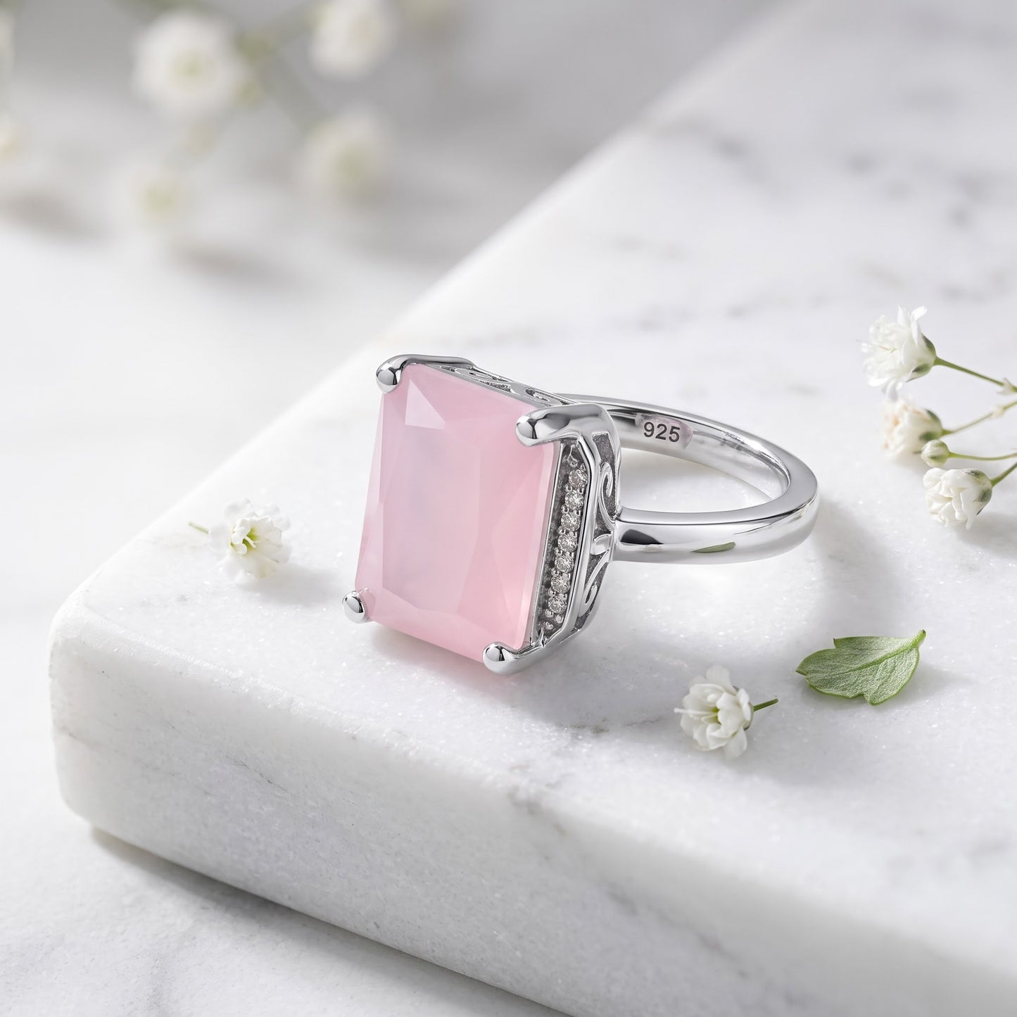 Sterling Silver Big Pink Glass Rectangle Ring for Women, Cubic Zirconia, Promise Ring Gift view 1