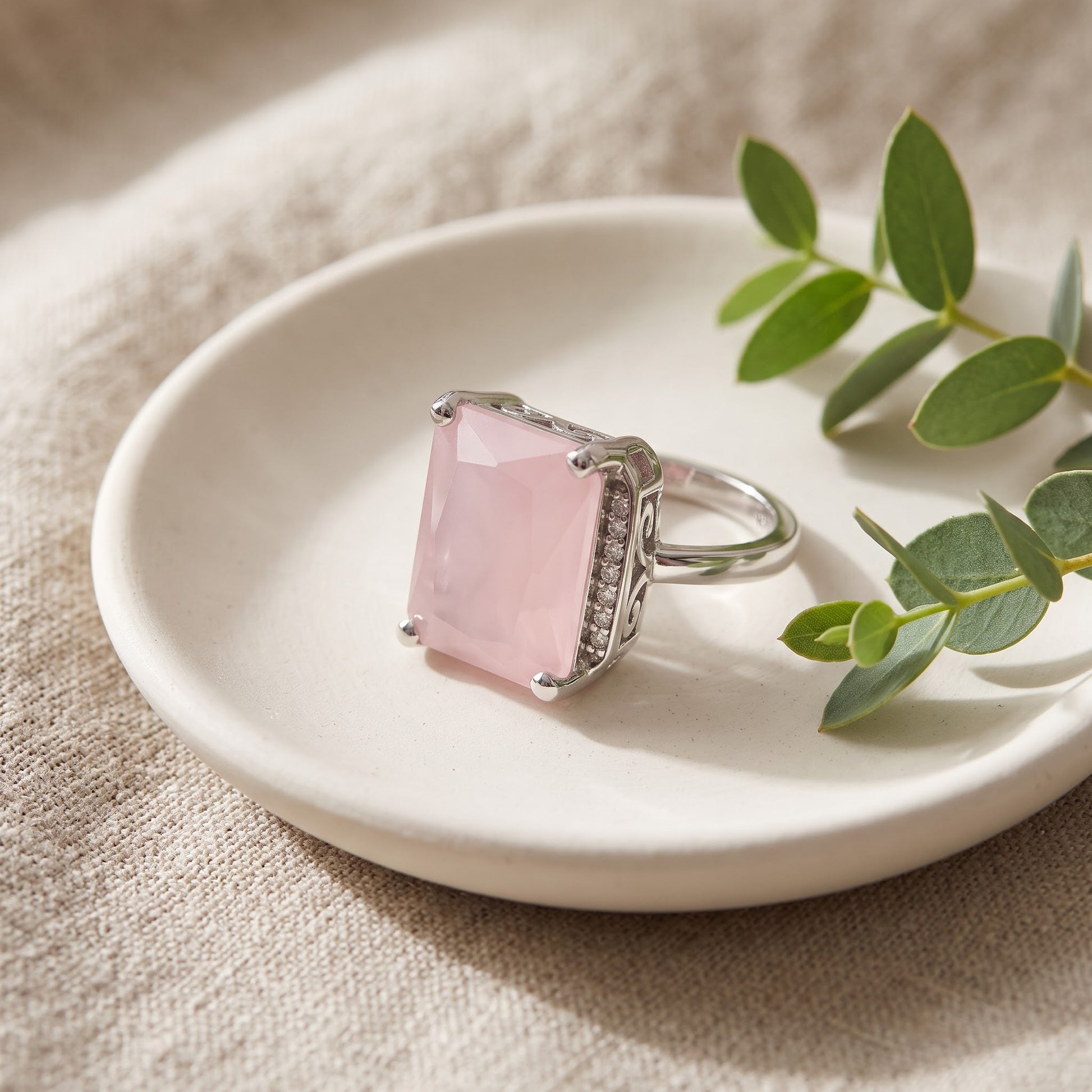 Sterling Silver Big Pink Glass Rectangle Ring for Women, Cubic Zirconia, Promise Ring Gift view 2