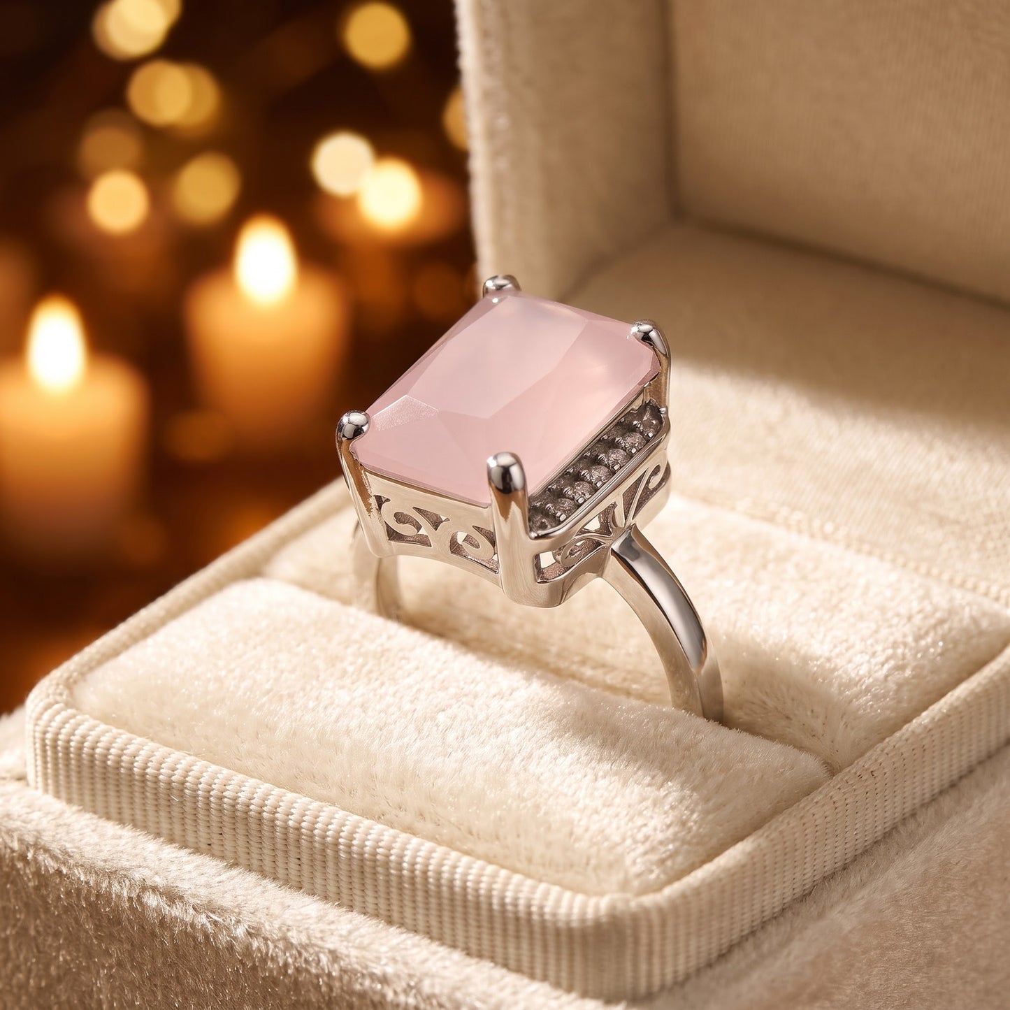 Sterling Silver Big Pink Glass Rectangle Ring for Women, Cubic Zirconia, Promise Ring Gift view 3