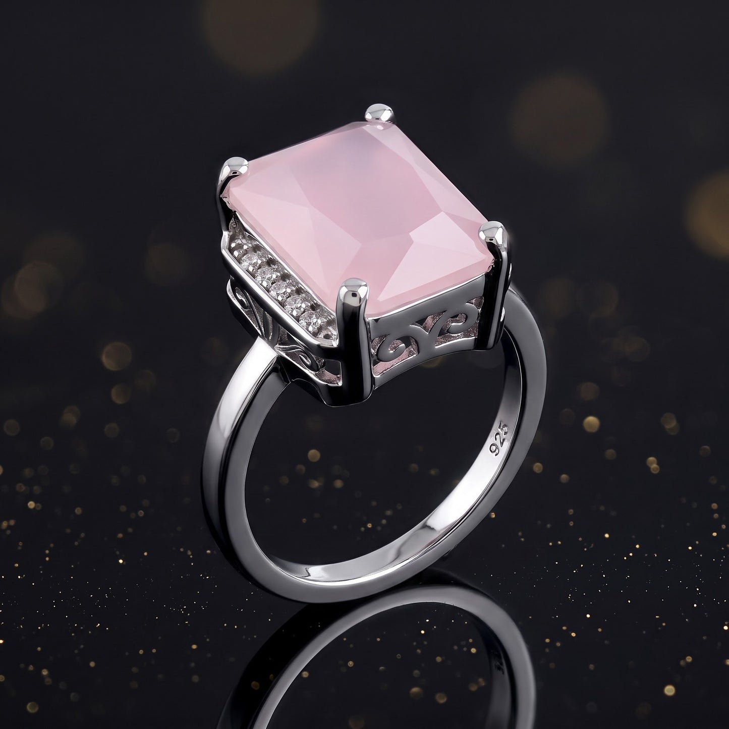 Sterling Silver Big Pink Glass Rectangle Ring for Women, Cubic Zirconia, Promise Ring Gift view 4